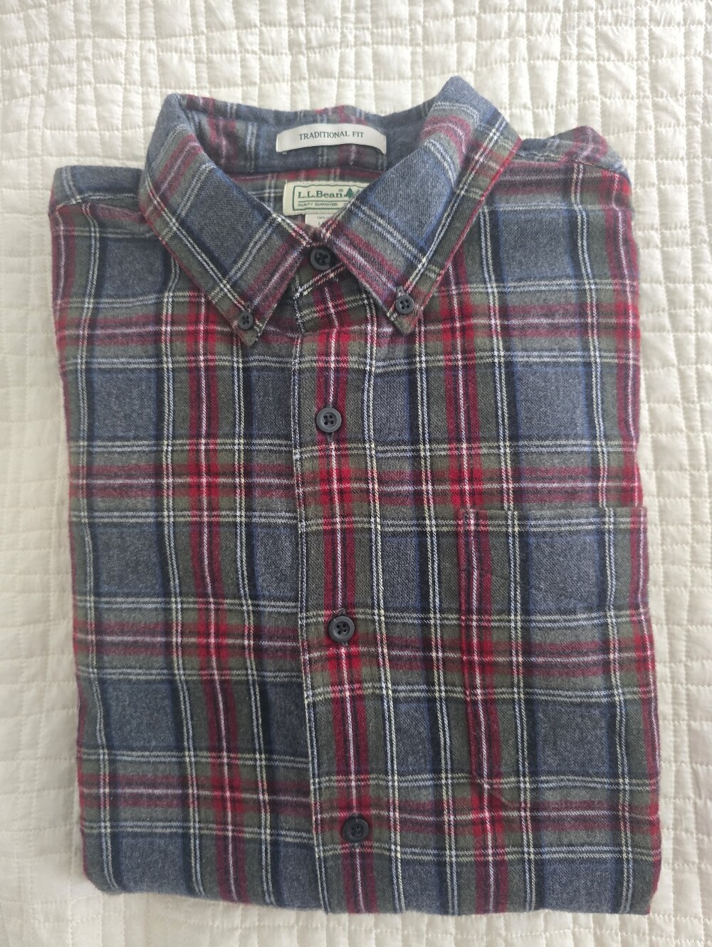 NWT LL Bean Scotch Plaid Soft Flannel Shirt Mens Traditional Fit Gray Red, Large